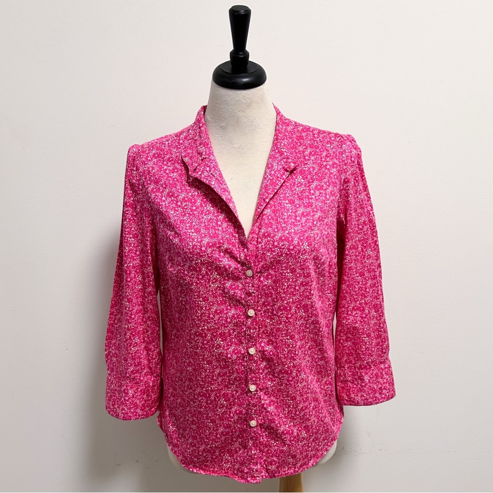 Lilly Pulitzer Pink Ivory Floral High V Neck Collar Button Up 3/4 Sleeve Blouse